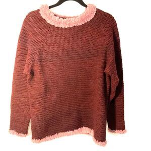 Handmade W/ Love Burgundy & Pink Faux Fur Trim Crew Neck Sweater Sz Lrg